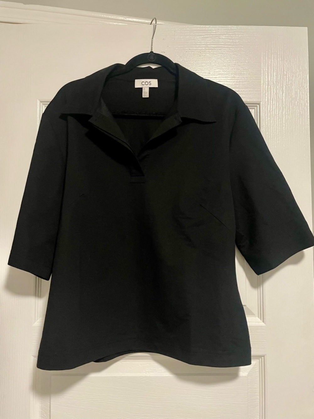 COS Black Short-Sleeve Polo Top with Open V-Neck
